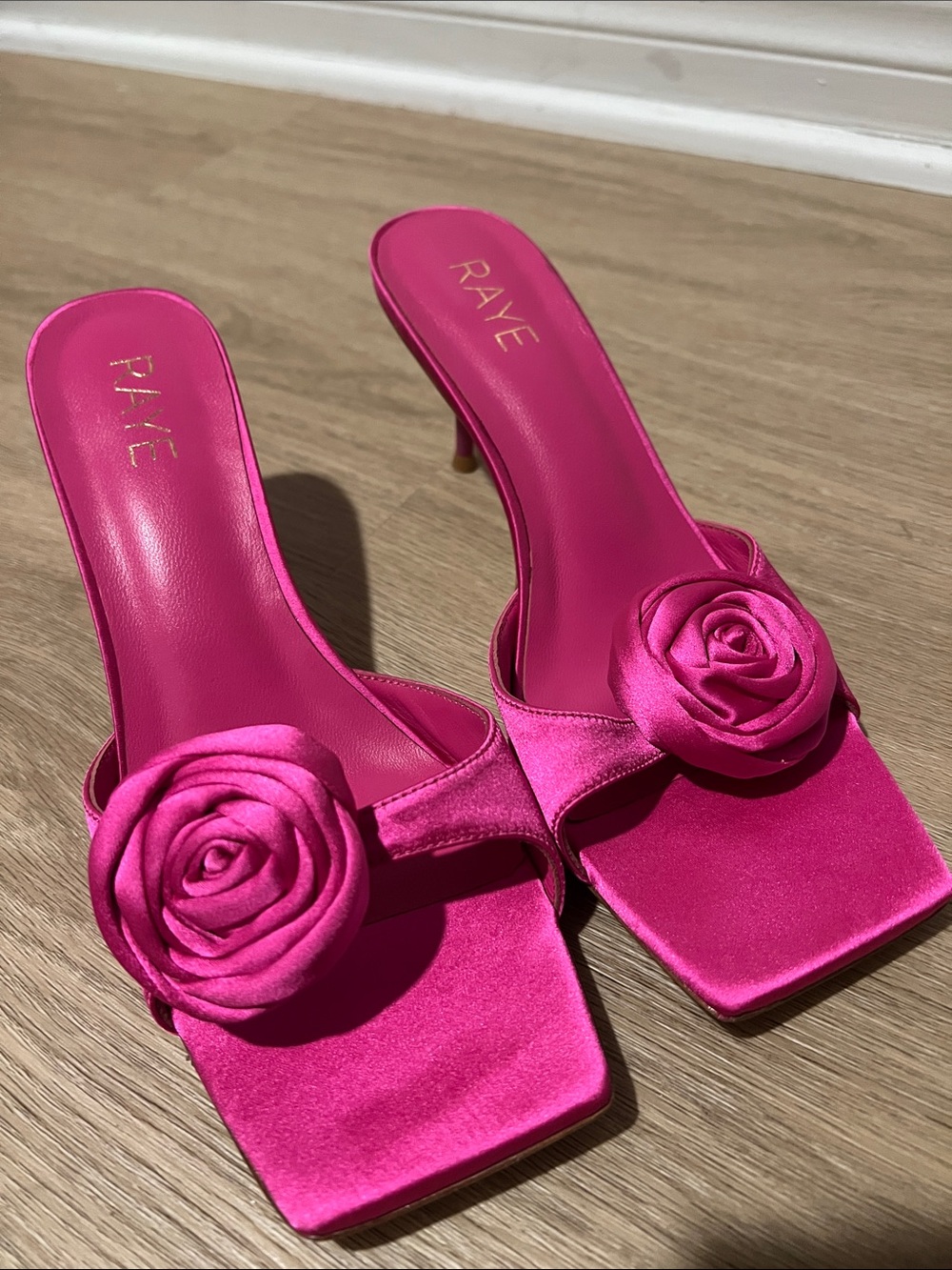 RAYE Hot Pink Satin Rose Square-Toe Heeled Mules